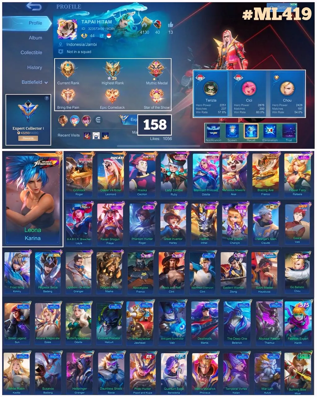 ML 419⚡️hunter x Hunter Cecilion - Kof Karina⚡️Transformers Roger⚡️Ducati Leomord⚡️Luckybox Ruby Odette⚡️Blazing Franco⚡️6 Epic⚡️Saber Layla⚡️M6 Claude⚡️Naruto Vale⚡️Seint Badang⚡️Dragon Kimmy Masha⚡️Lightborn Granger⚡️